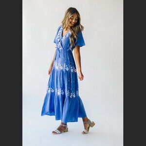 NWT Piper & Scoot The Vonnie Embroidered Detail Maxi Dress in Paris Blue